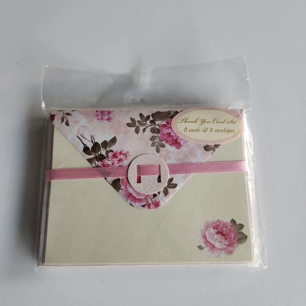 Vintage‎ Floral Thank You Card Set 8ct Pink Roses Ribbon